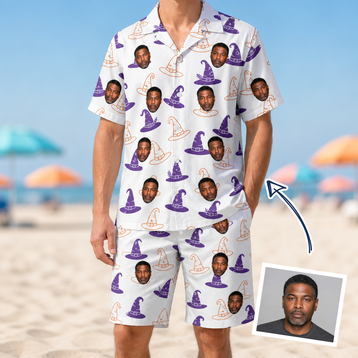 Man wearing Men's Cauldron Crowns Custom Face Shirt & Shorts Set — custom faces printed all-over