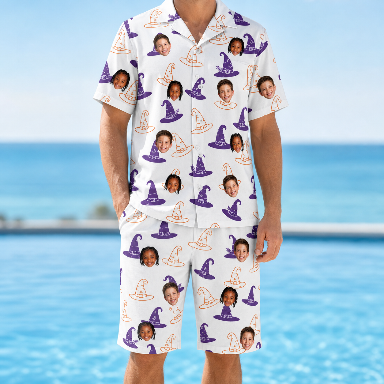 Model wearing Men's Cauldron Crowns Custom Face Shirt & Shorts Set printed with kids' faces