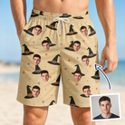 Man wearing Men's Spellbound Spires Custom Face Beach Shorts — custom faces printed all-over