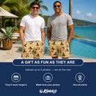 Friends in matching Men's Spellbound Spires Custom Face Beach Shorts — a group gift photo