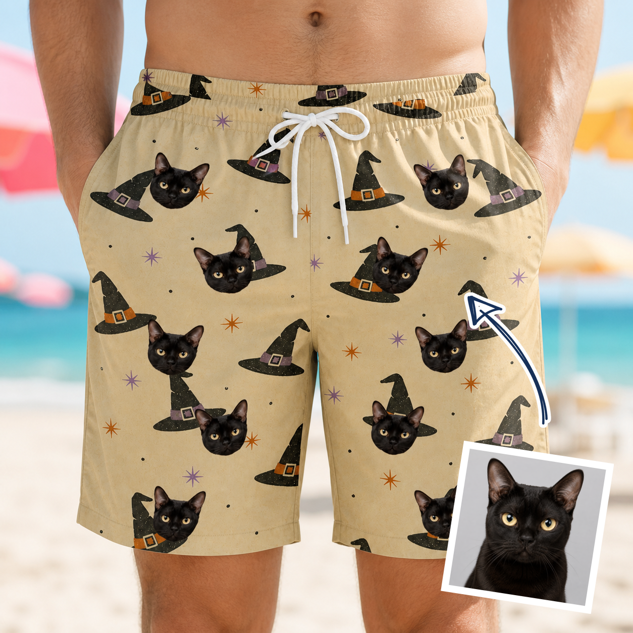 Man wearing Men's Spellbound Spires Custom Cat Face Beach Shorts — custom faces printed all-over