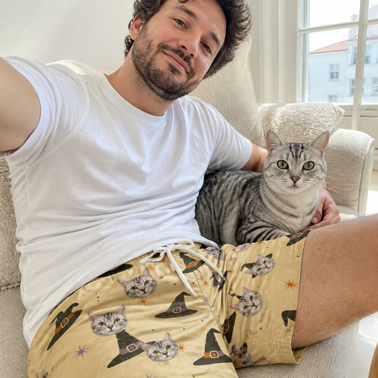 Selfie with the pet whose face is printed all over this Men's Spellbound Spires Custom Cat Face Beach Shorts