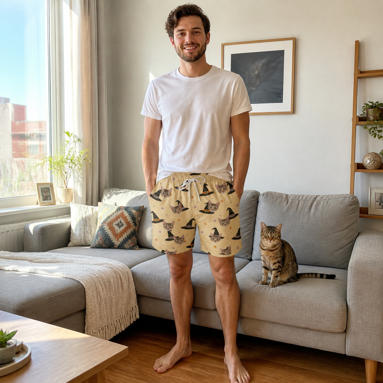 Full-length photo with the pet printed all over this Men's Spellbound Spires Custom Cat Face Beach Shorts