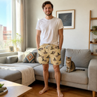 Full-length photo with the pet printed all over this Men's Spellbound Spires Custom Cat Face Beach Shorts