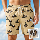 Man wearing Men's Spellbound Spires Custom Dog Face Beach Shorts — custom faces printed all-over