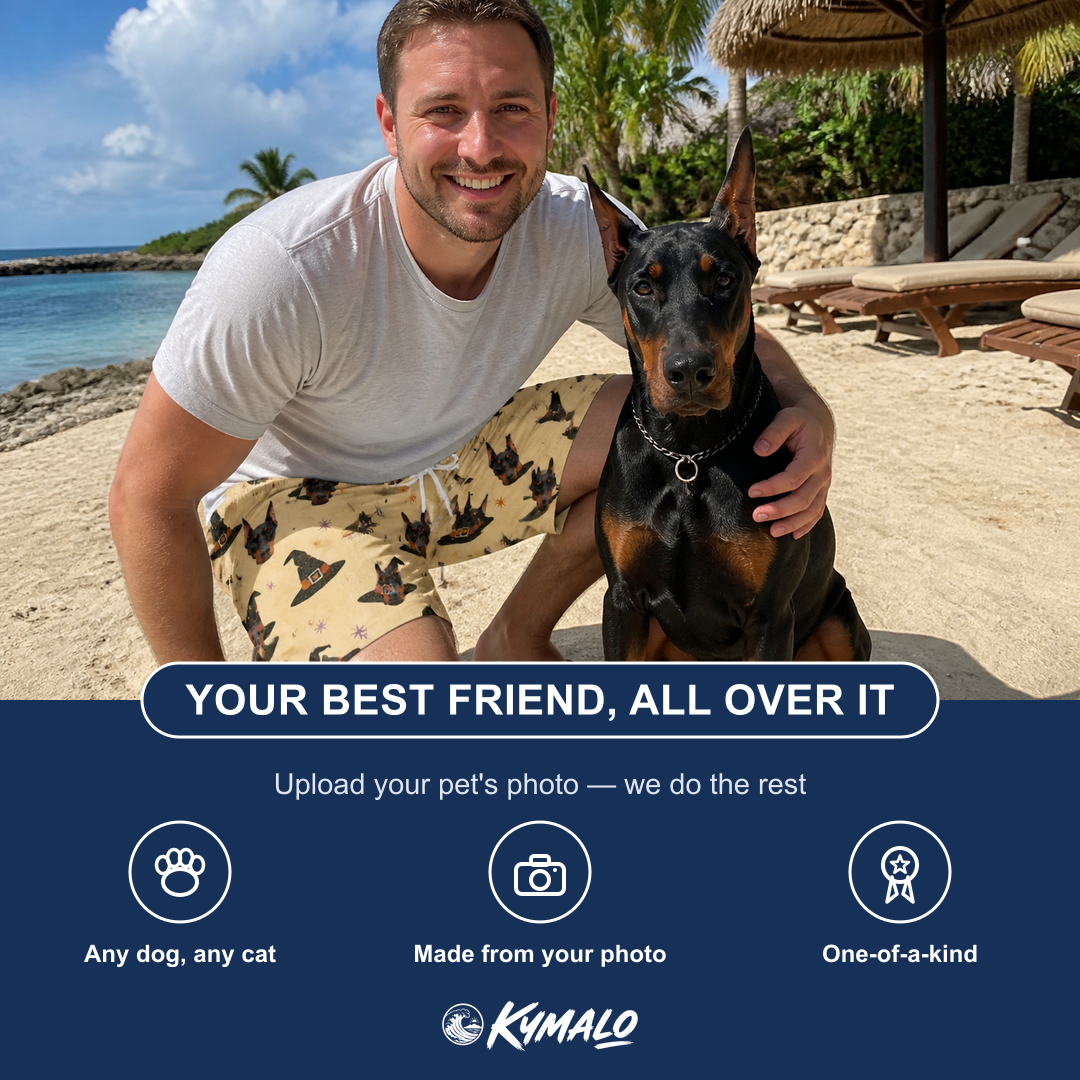 Friends in matching Men's Spellbound Spires Custom Dog Face Beach Shorts — a group gift photo