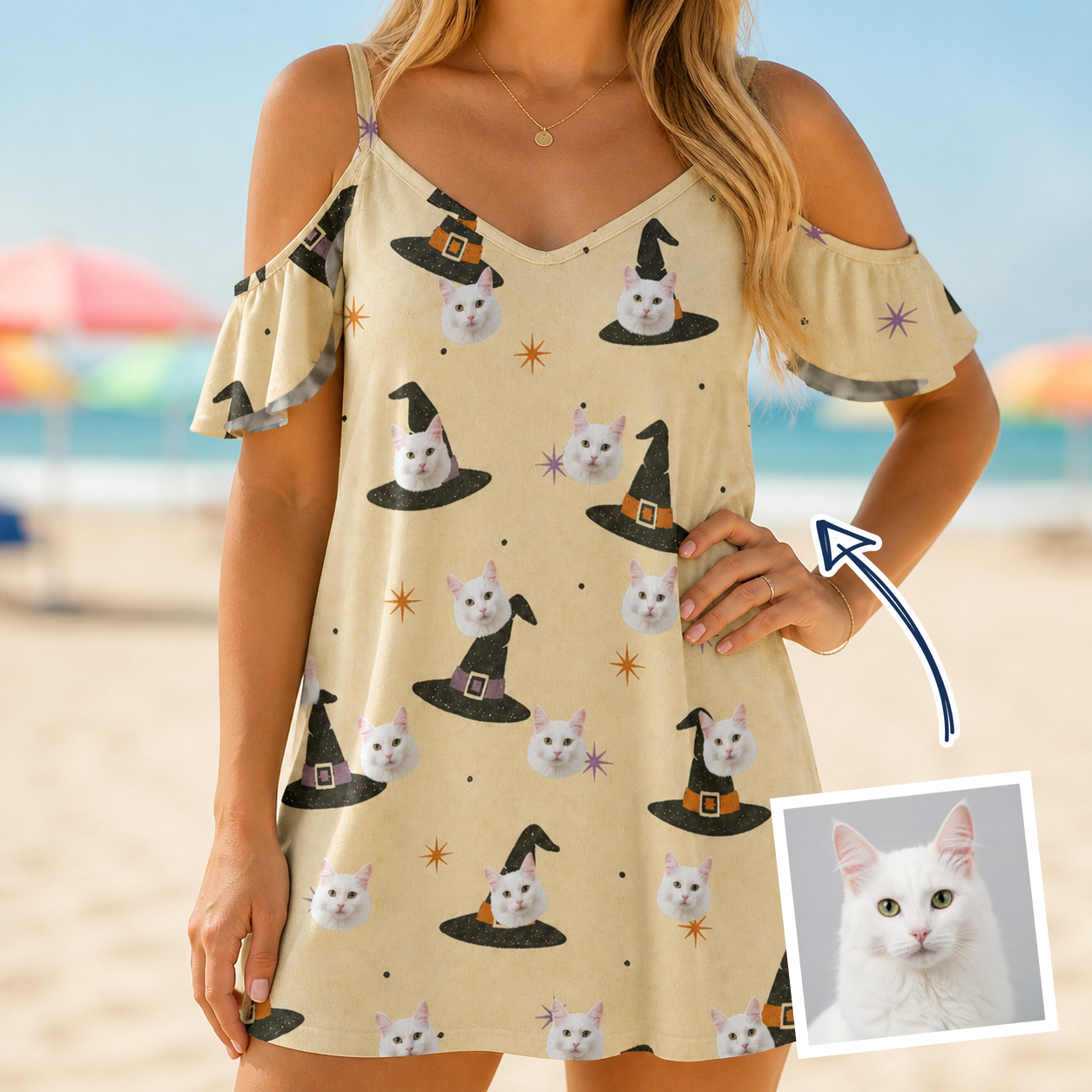 Woman wearing Women's Spellbound Spires Custom Cat Face Off-Shoulder Dress — custom faces printed all-over