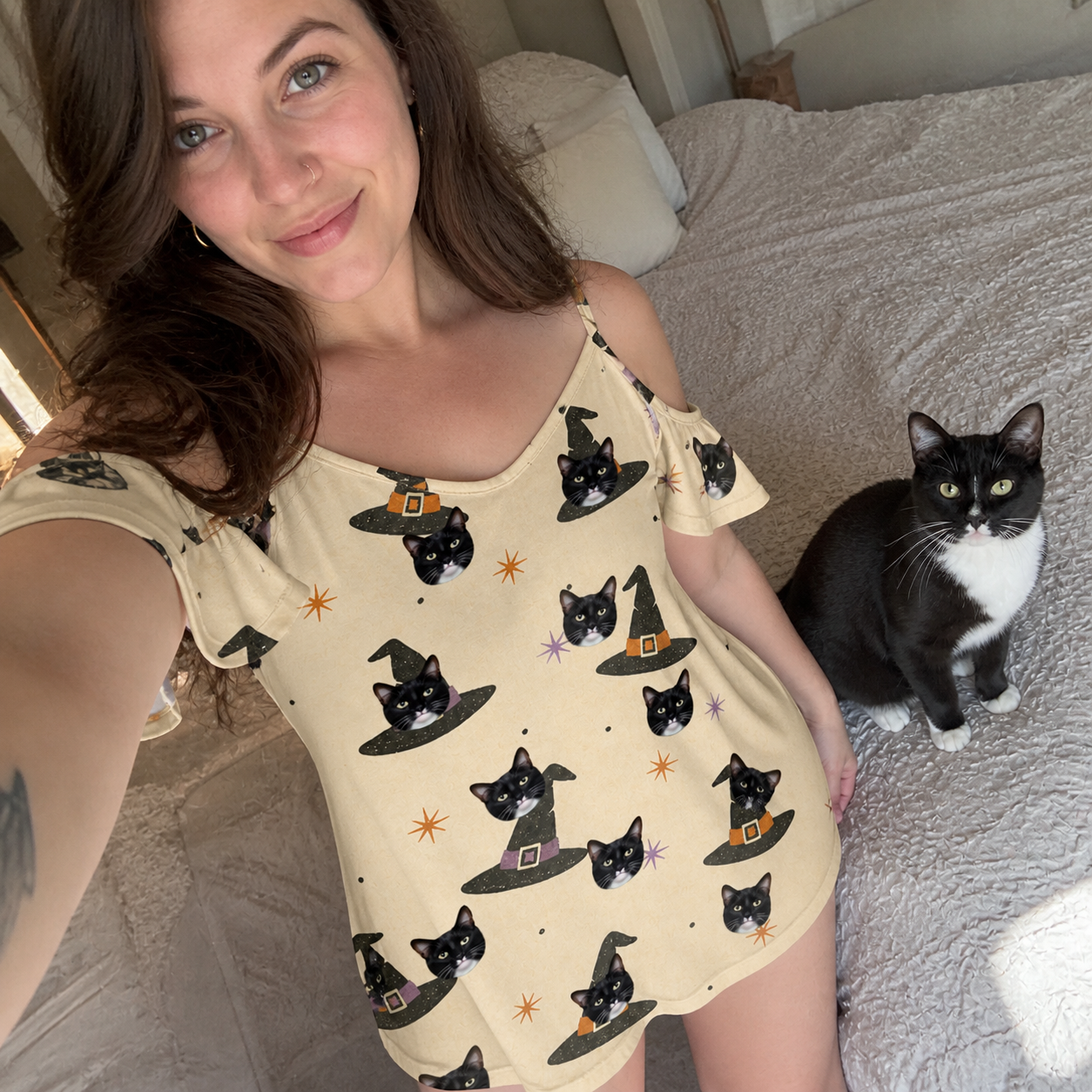 Selfie with the pet whose face is printed all over this Women's Spellbound Spires Custom Cat Face Off-Shoulder Dress