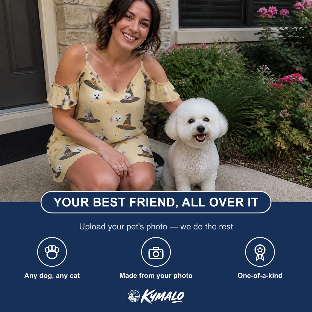 Friends in matching Women's Spellbound Spires Custom Dog Face Off-Shoulder Dress — a group gift photo