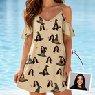 Woman wearing Women's Spellbound Spires Custom Face Off-Shoulder Dress — custom faces printed all-over