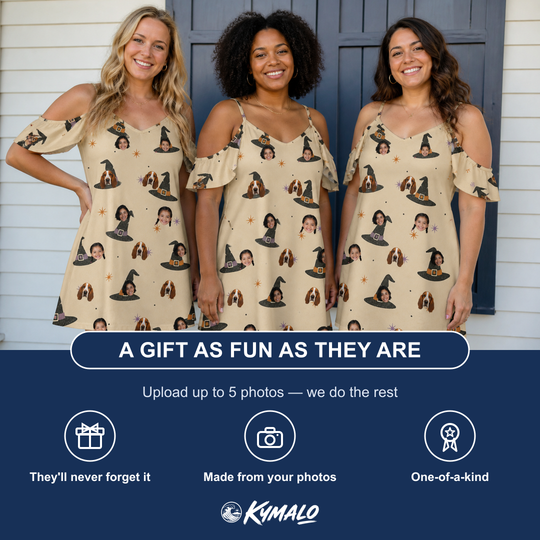 Friends in matching Women's Spellbound Spires Custom Face Off-Shoulder Dress — a group gift photo