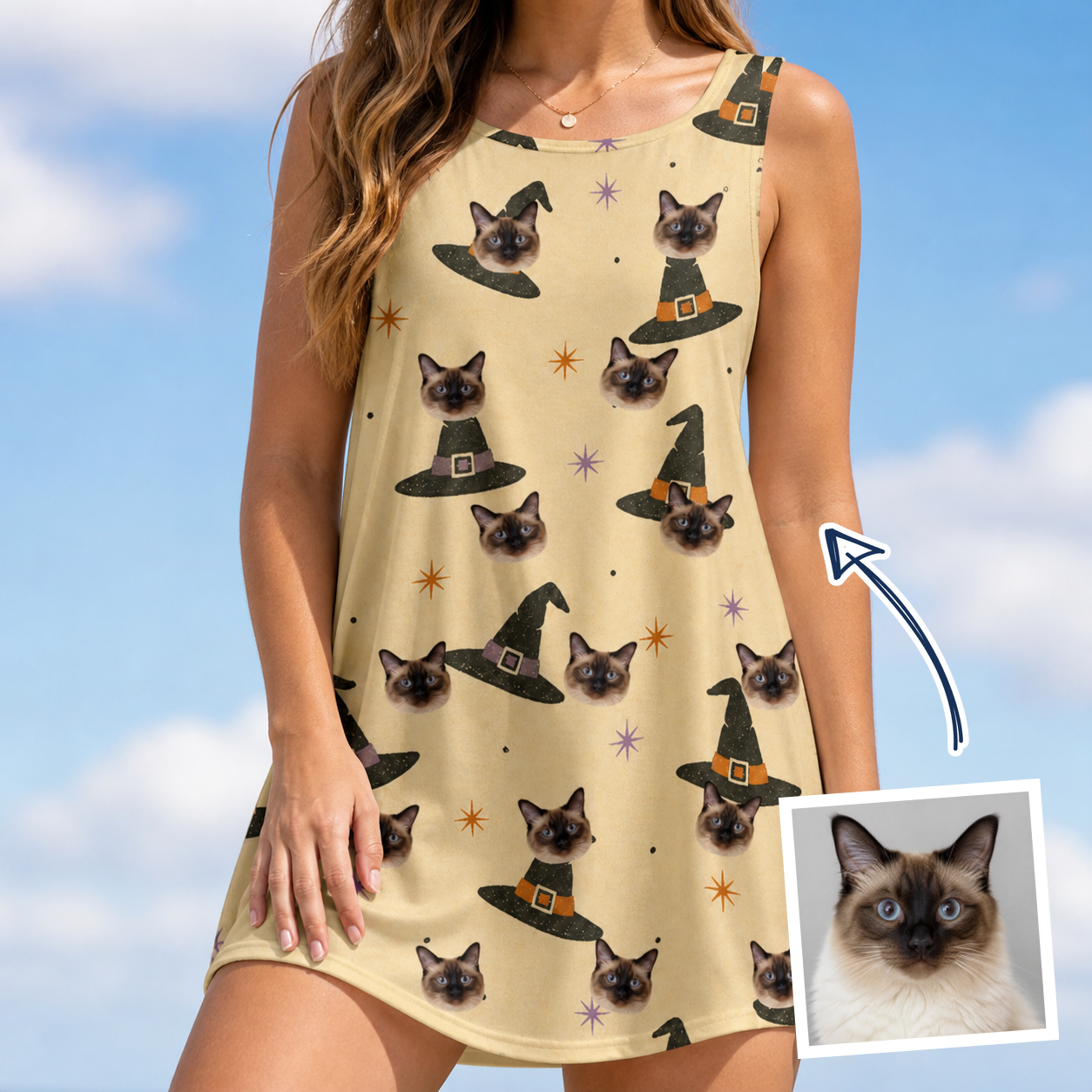 Woman wearing Women's Spellbound Spires Custom Cat Face Tank Dress — custom faces printed all-over