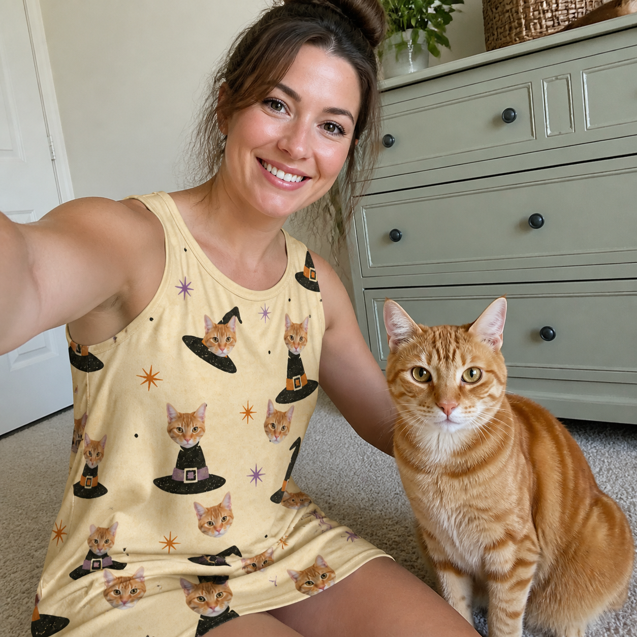 Selfie with the pet whose face is printed all over this Women's Spellbound Spires Custom Cat Face Tank Dress