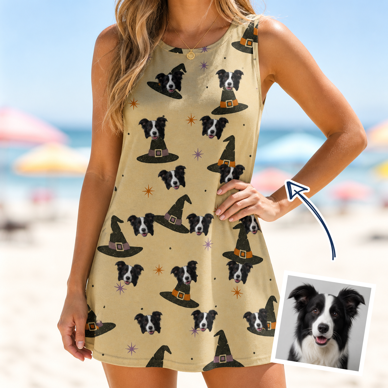 Woman wearing Women's Spellbound Spires Custom Dog Face Tank Dress — custom faces printed all-over