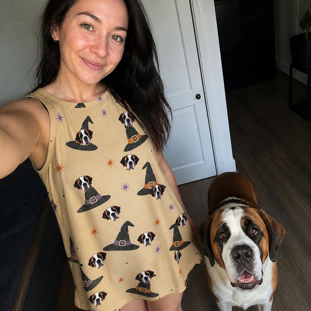 Selfie with the pet whose face is printed all over this Women's Spellbound Spires Custom Dog Face Tank Dress