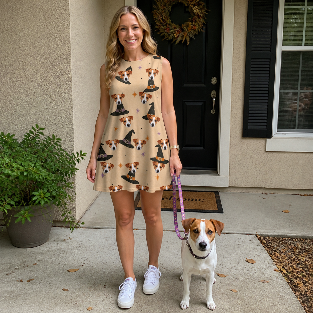 Full-length photo with the pet printed all over this Women's Spellbound Spires Custom Dog Face Tank Dress