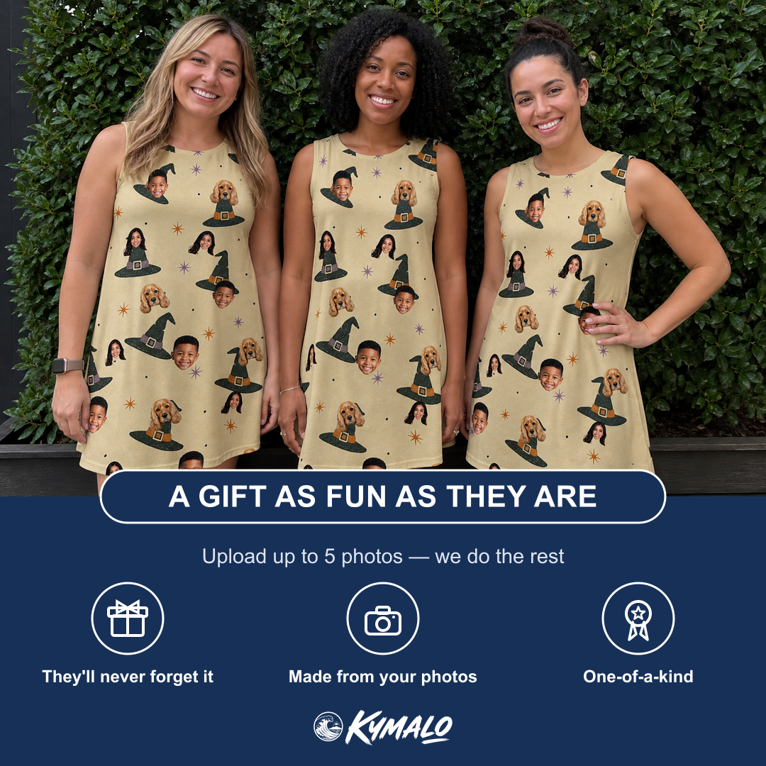 Friends in matching Women's Spellbound Spires Custom Face Tank Dress — a group gift photo
