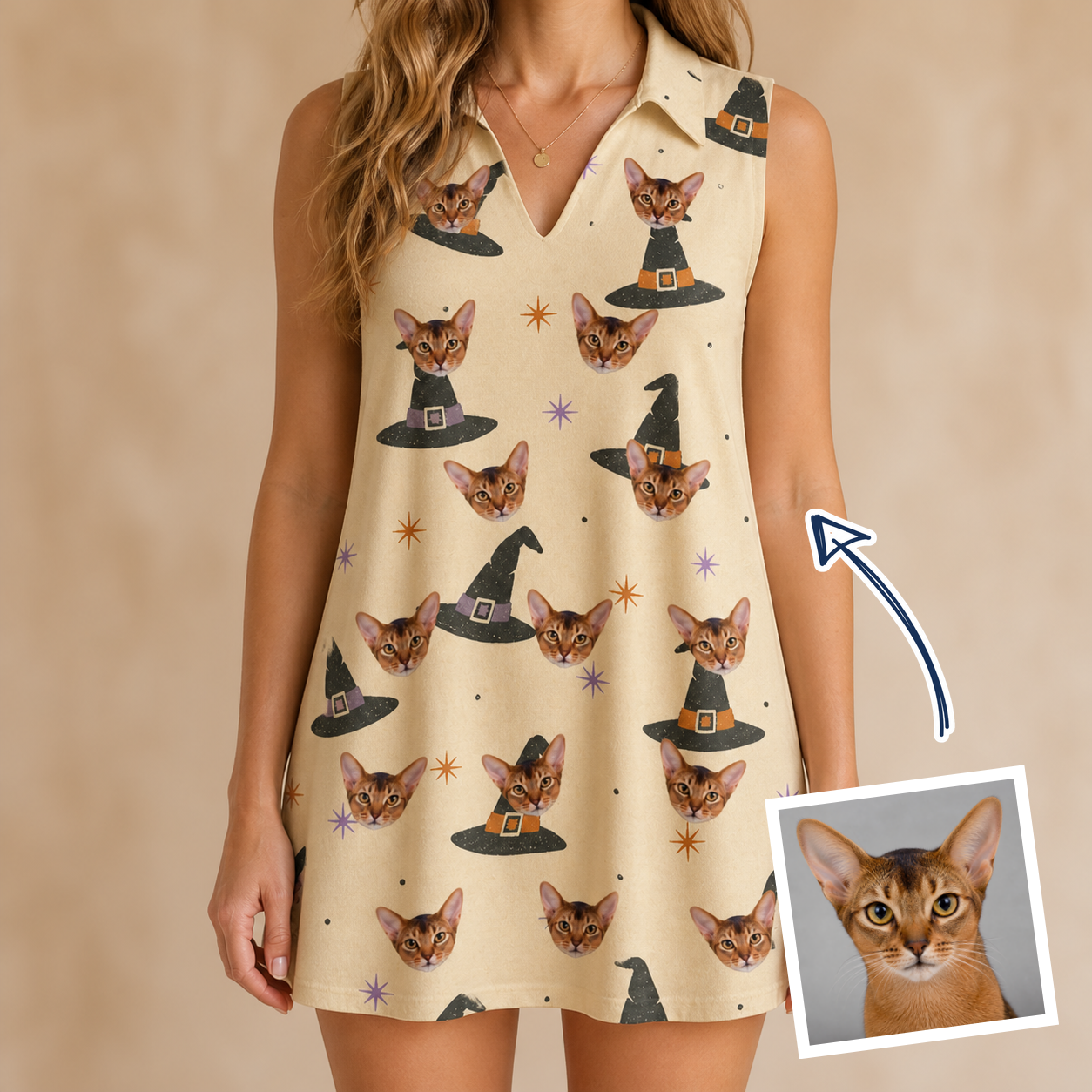 Woman wearing Women's Spellbound Spires Custom Cat Face V-Neck Dress — custom faces printed all-over