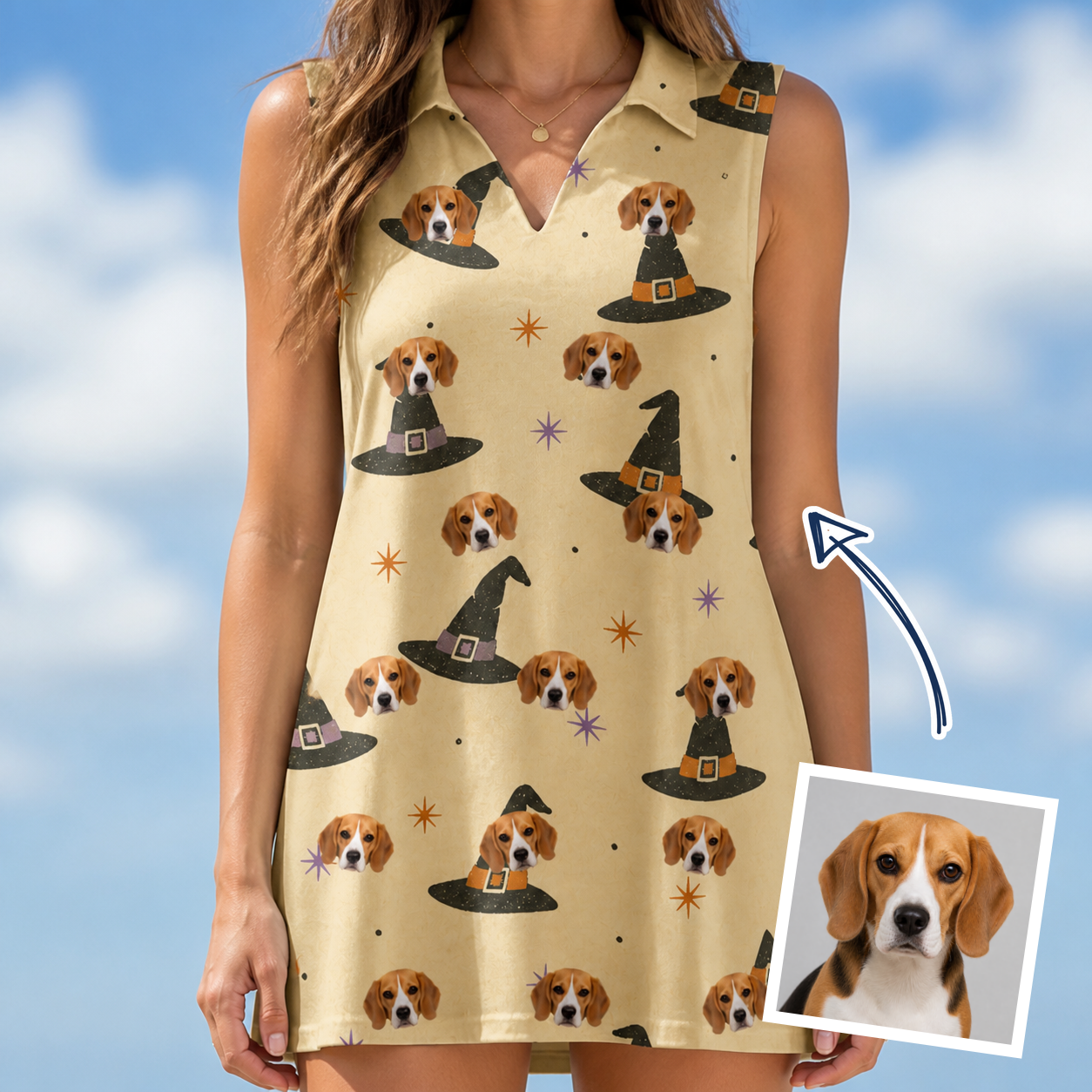 Woman wearing Women's Spellbound Spires Custom Dog Face V-Neck Dress — custom faces printed all-over