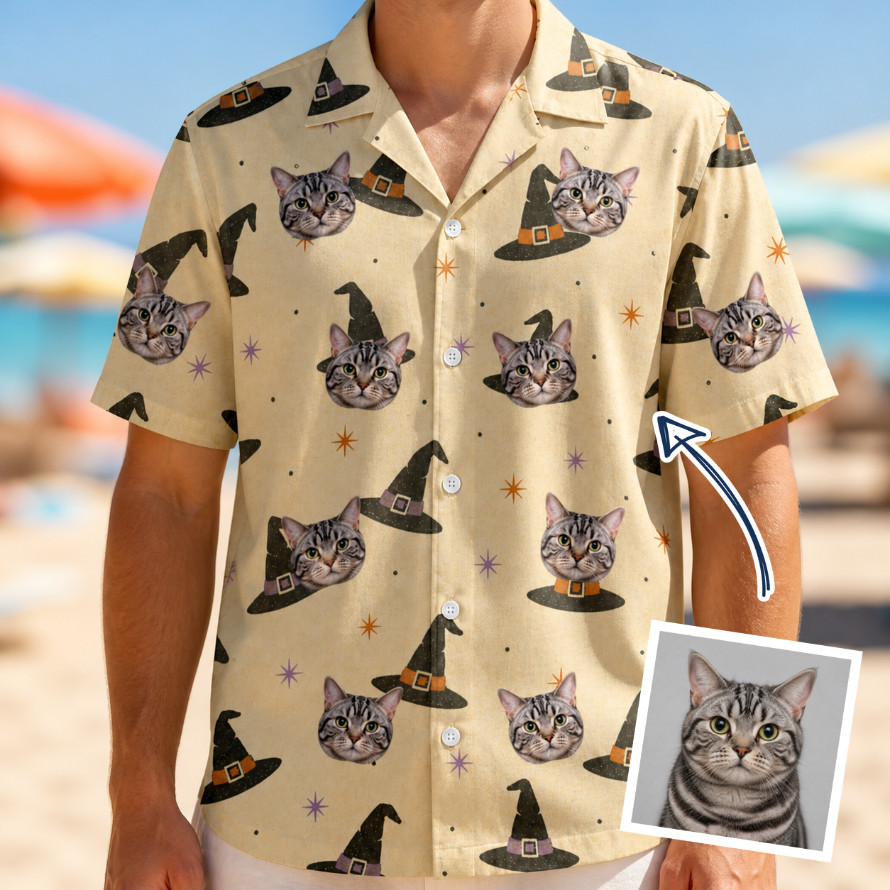 Man wearing Men's Spellbound Spires Custom Cat Face Hawaiian Shirt — custom faces printed all-over
