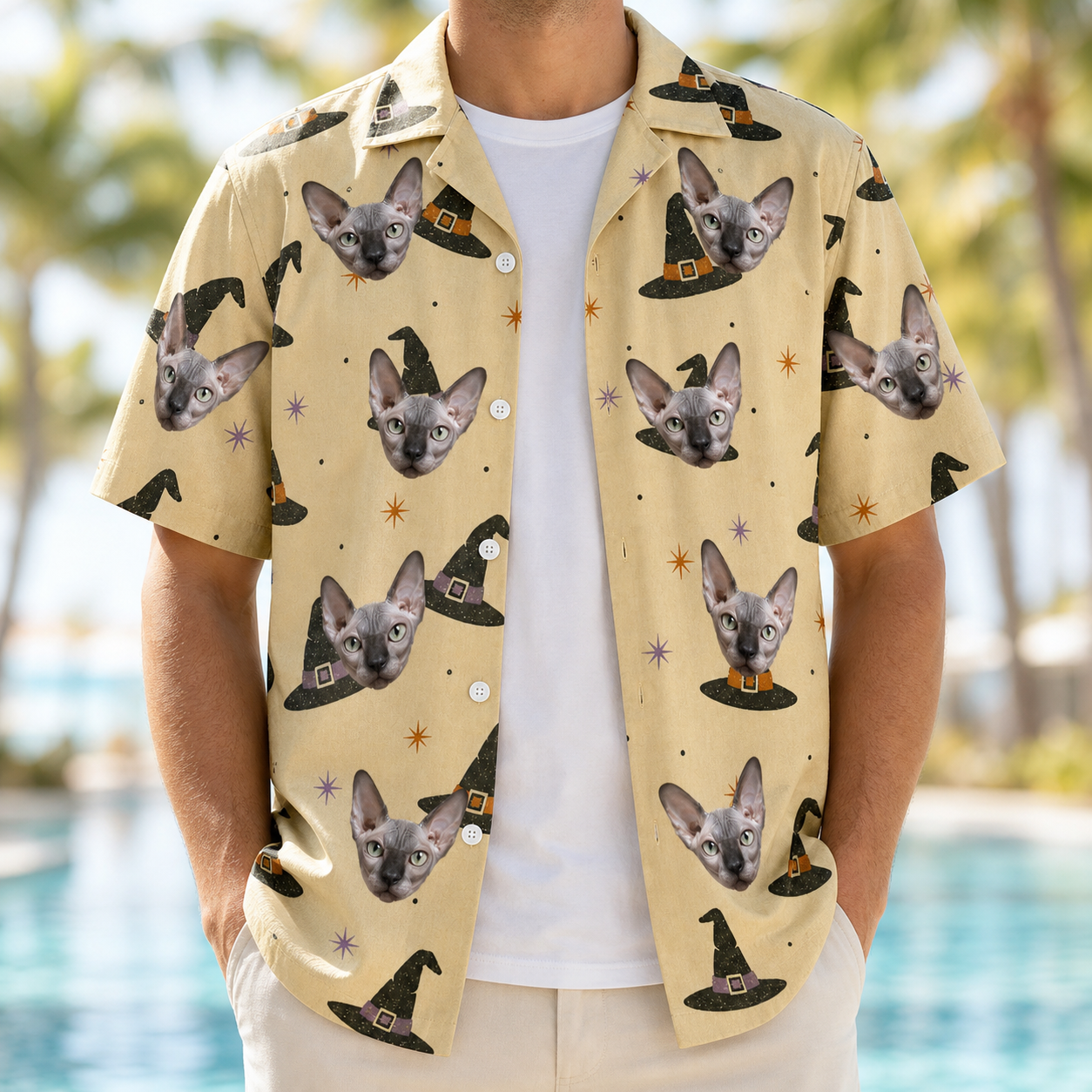 Man wearing Men's Spellbound Spires Custom Cat Face Hawaiian Shirt open over a white tee