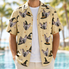 Man wearing Men's Spellbound Spires Custom Cat Face Hawaiian Shirt open over a white tee