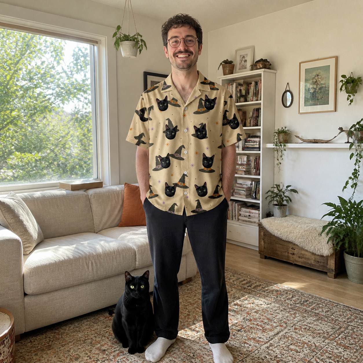 Full-length photo with the pet printed all over this Men's Spellbound Spires Custom Cat Face Hawaiian Shirt