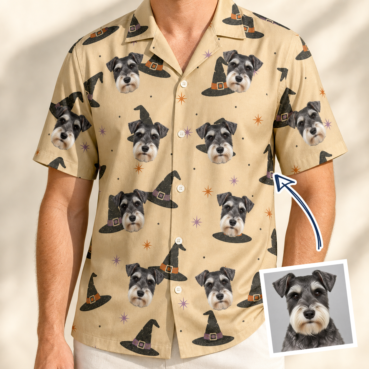 Man wearing Men's Spellbound Spires Custom Dog Face Hawaiian Shirt — custom faces printed all-over