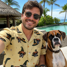 Selfie with the pet whose face is printed all over this Men's Spellbound Spires Custom Dog Face Hawaiian Shirt