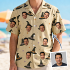 Man wearing Men's Spellbound Spires Custom Face Hawaiian Shirt — custom faces printed all-over