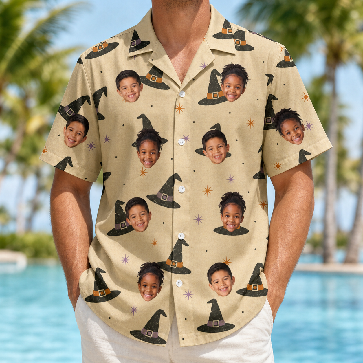 Model wearing Men's Spellbound Spires Custom Face Hawaiian Shirt printed with kids' faces
