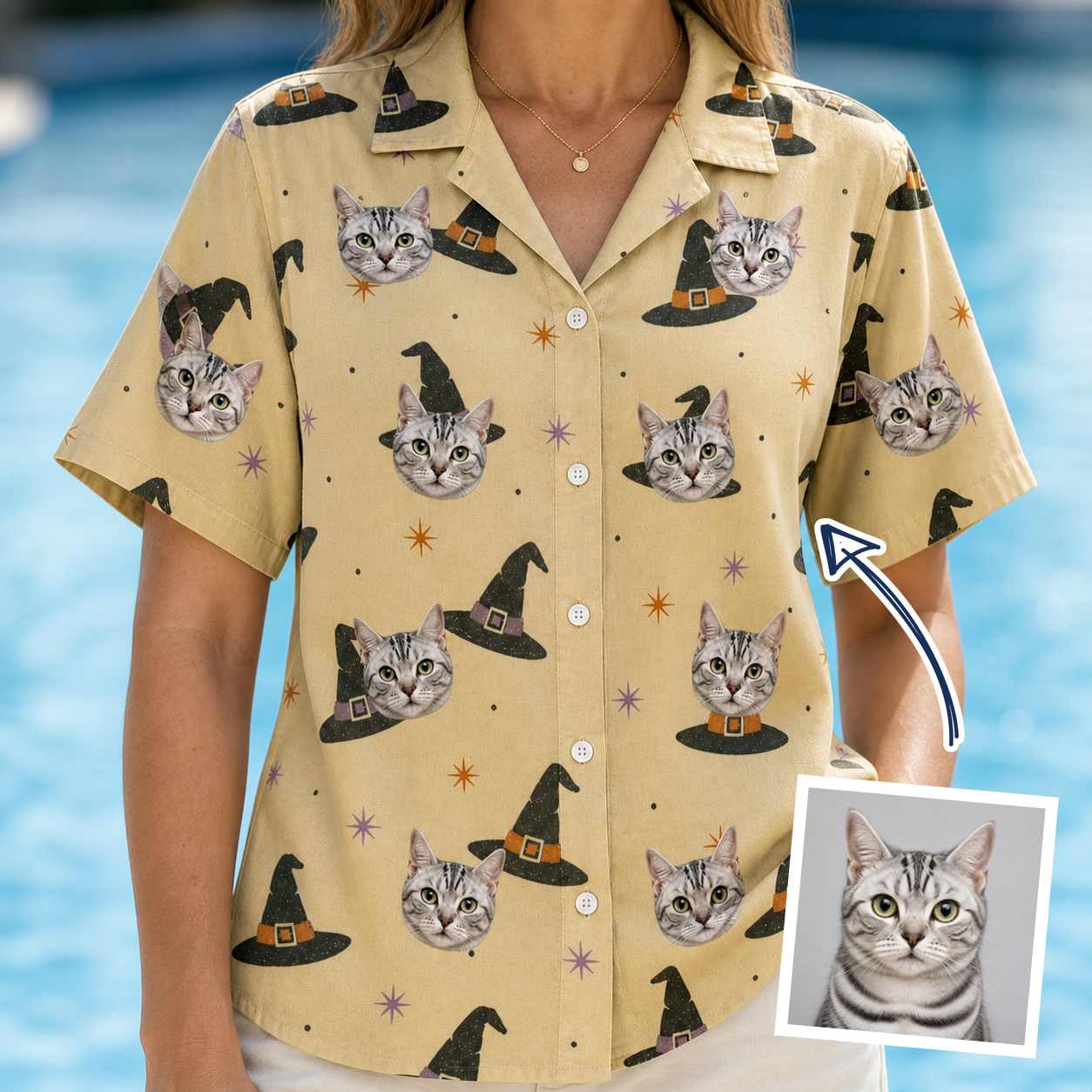 Woman wearing Women's Spellbound Spires Custom Cat Face Hawaiian Shirt — custom faces printed all-over