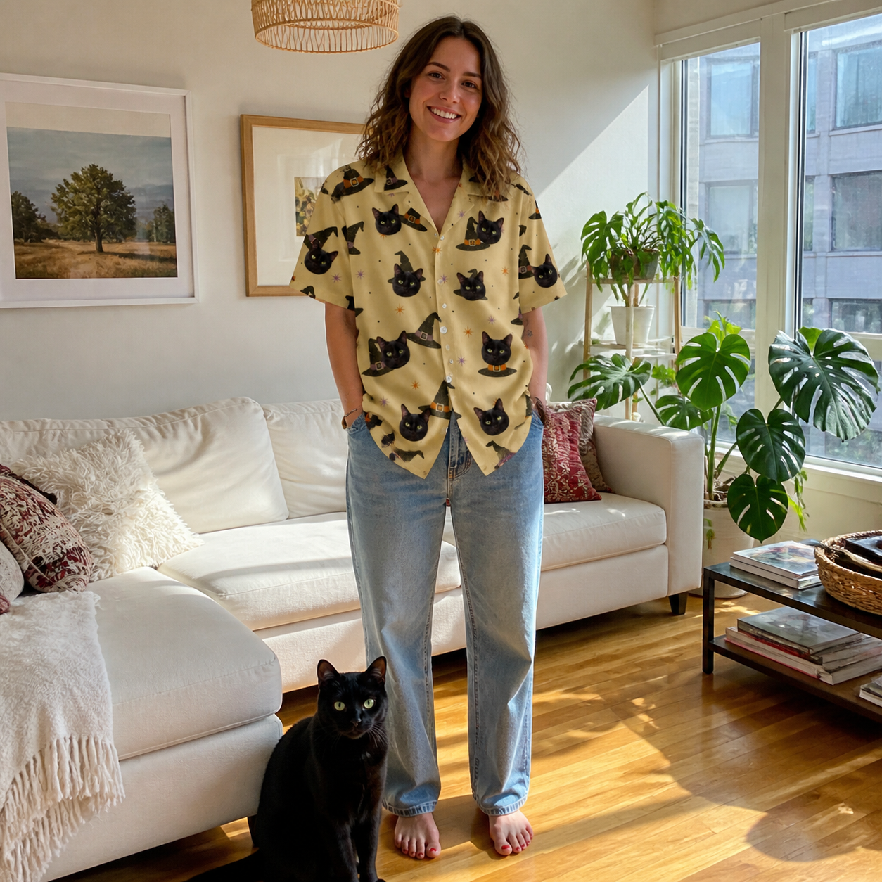 Full-length photo with the pet printed all over this Women's Spellbound Spires Custom Cat Face Hawaiian Shirt