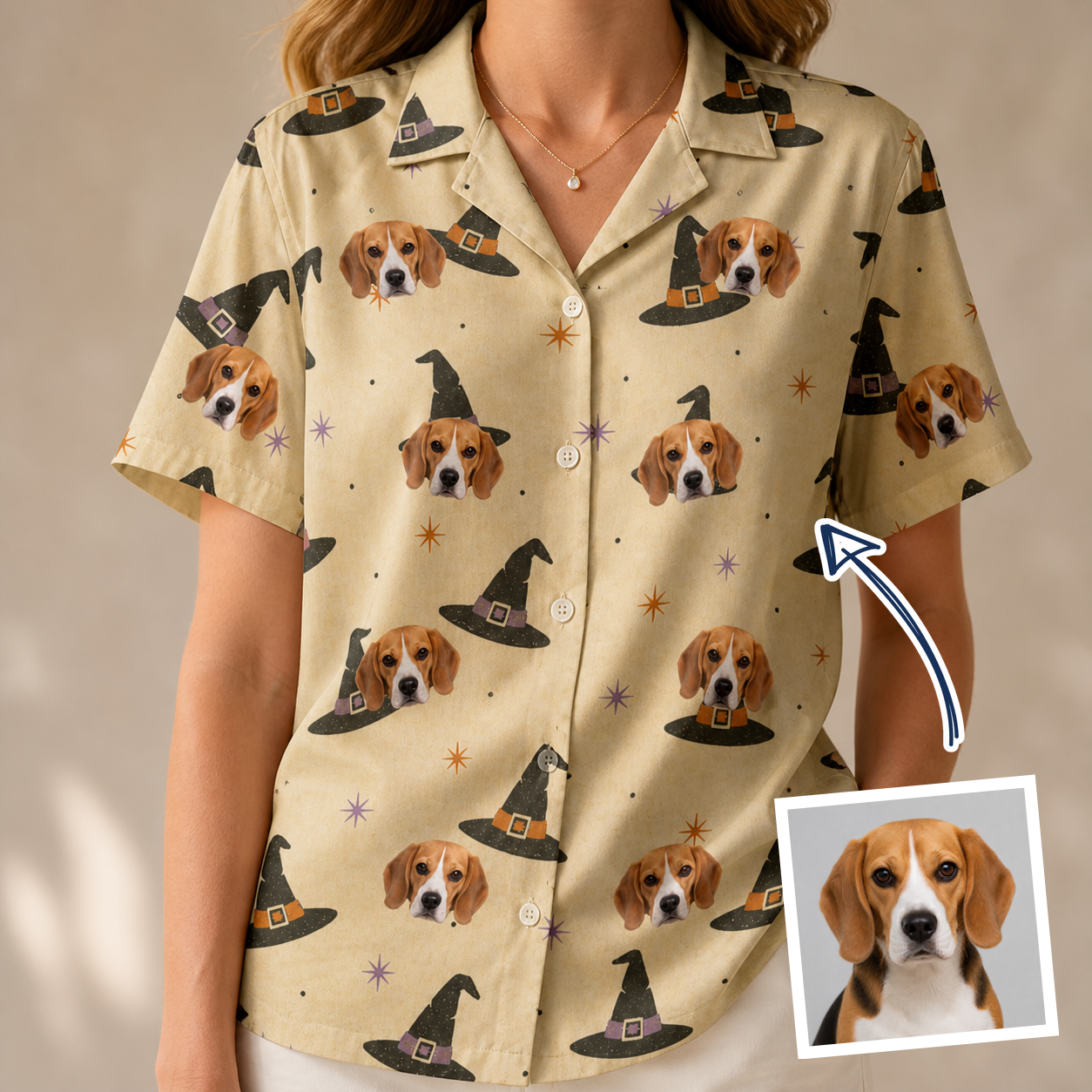 Woman wearing Women's Spellbound Spires Custom Dog Face Hawaiian Shirt — custom faces printed all-over