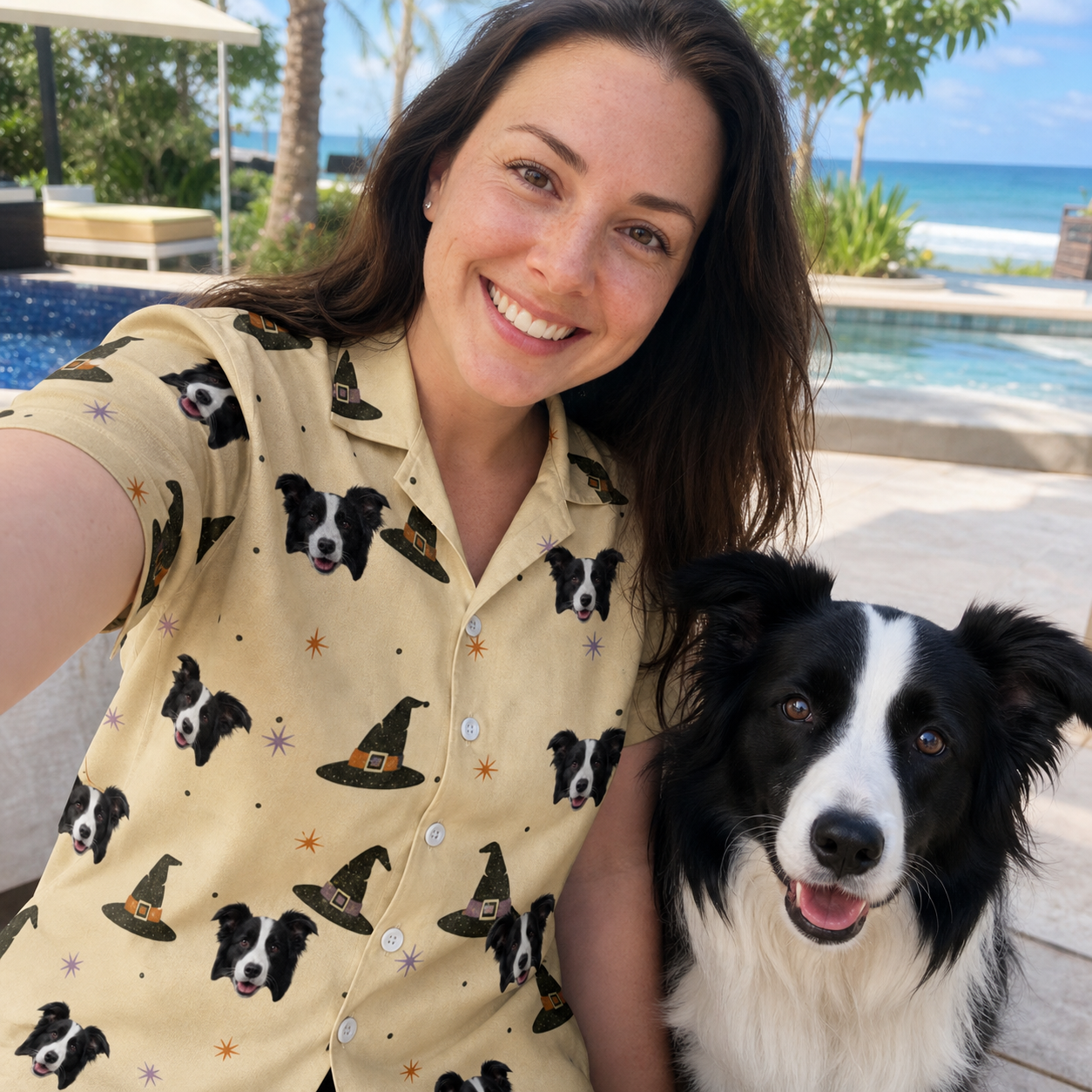 Selfie with the pet whose face is printed all over this Women's Spellbound Spires Custom Dog Face Hawaiian Shirt