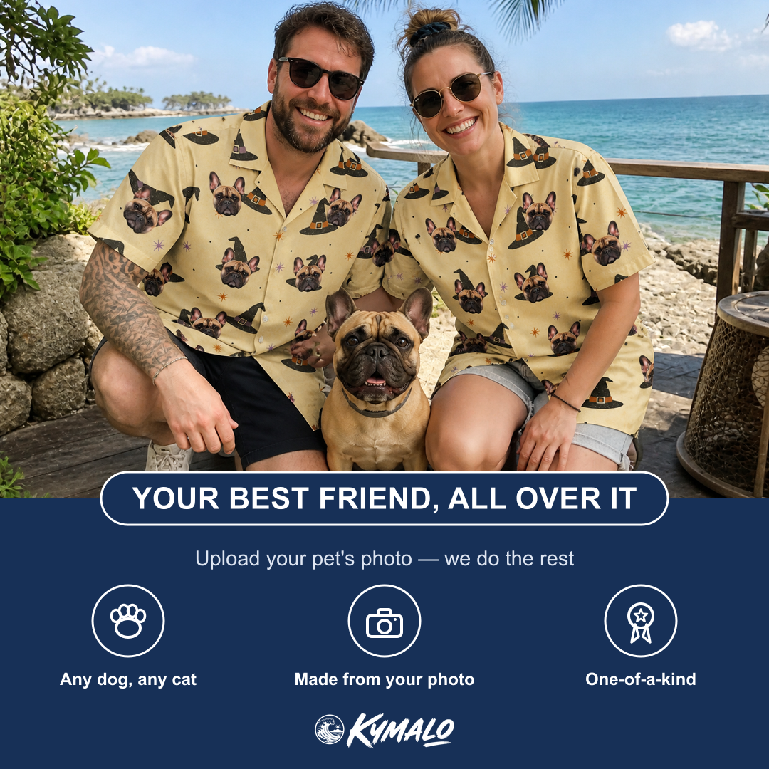 Friends in matching Women's Spellbound Spires Custom Dog Face Hawaiian Shirt — a group gift photo