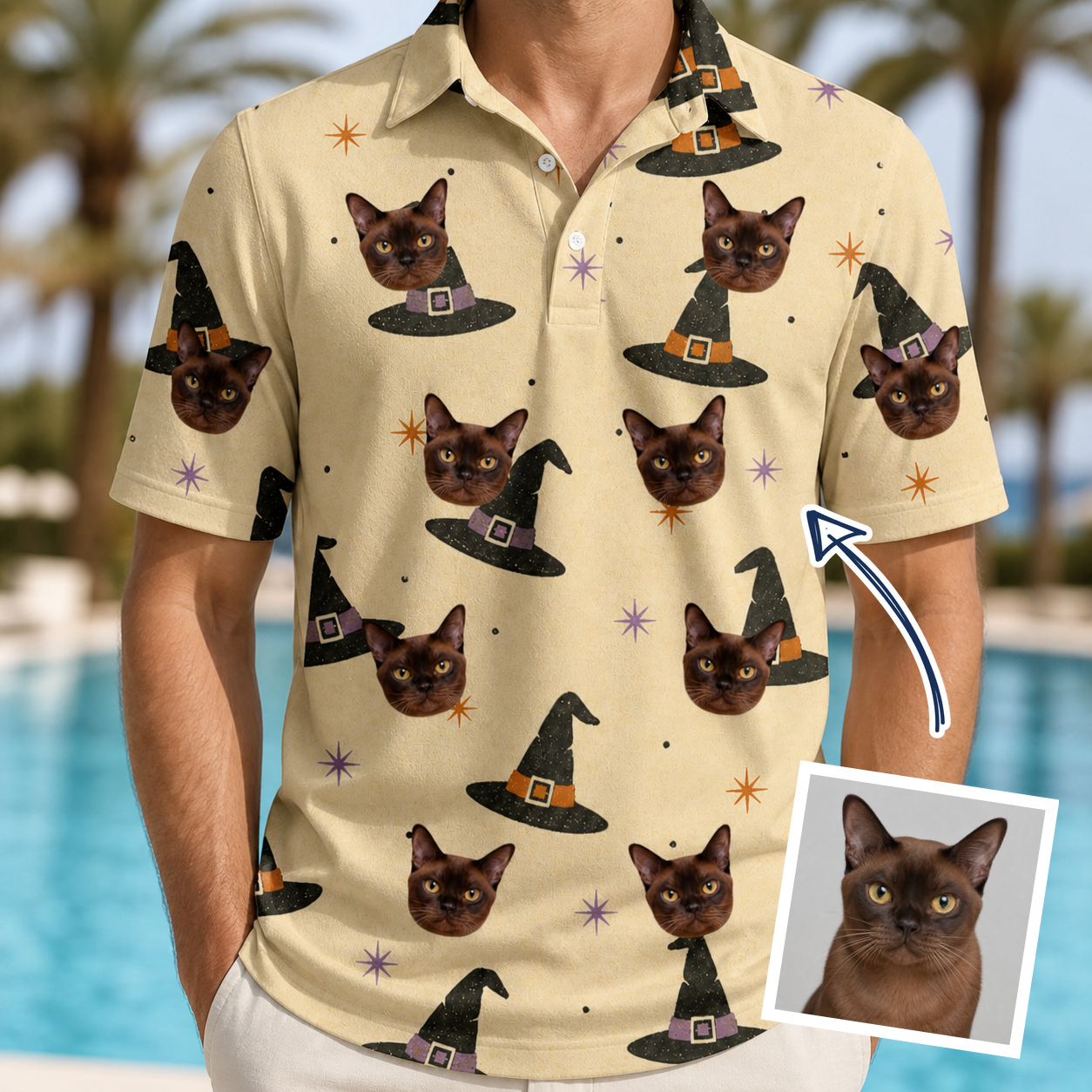 Man wearing Men's Spellbound Spires Custom Cat Face Polo Shirt — custom faces printed all-over