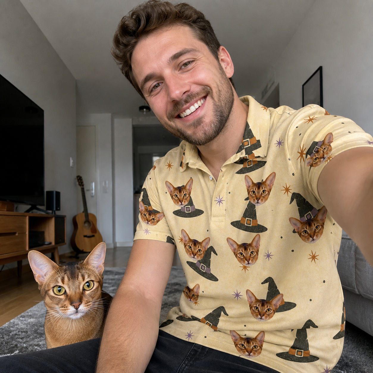 Selfie with the pet whose face is printed all over this Men's Spellbound Spires Custom Cat Face Polo Shirt