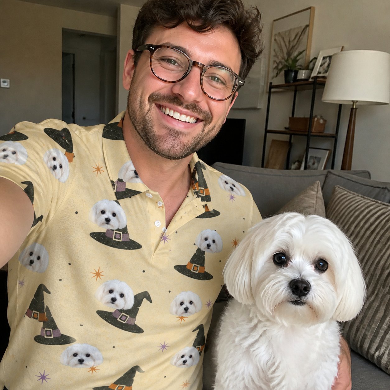 Selfie with the pet whose face is printed all over this Men's Spellbound Spires Custom Dog Face Polo Shirt