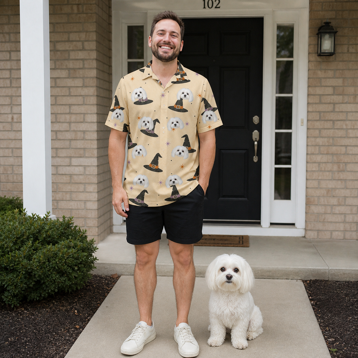 Full-length photo with the pet printed all over this Men's Spellbound Spires Custom Dog Face Polo Shirt