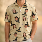 Model wearing Men's Spellbound Spires Custom Face Polo Shirt printed with kids' faces