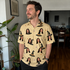 Real-life photo of someone wearing Men's Spellbound Spires Custom Face Polo Shirt — custom faces printed all-over