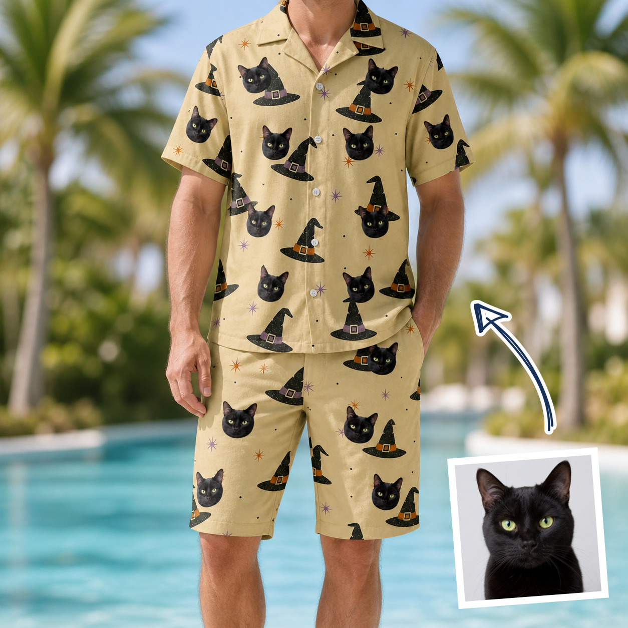 Man wearing Men's Spellbound Spires Custom Cat Face Shirt & Shorts Set — custom faces printed all-over