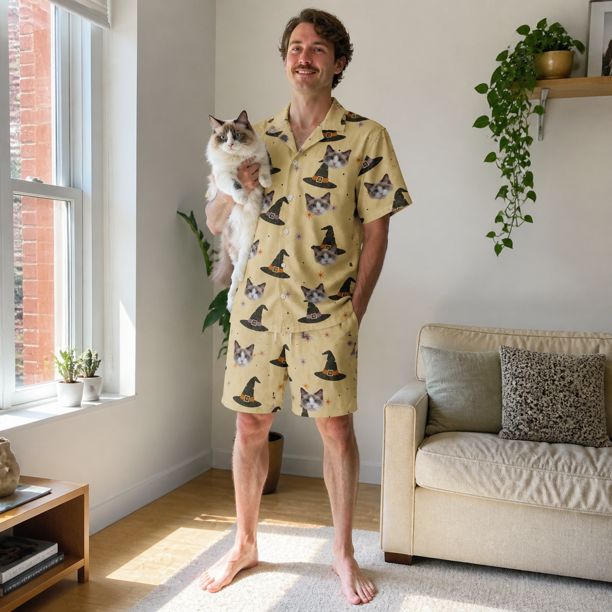 Full-length photo with the pet printed all over this Men's Spellbound Spires Custom Cat Face Shirt & Shorts Set