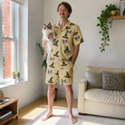 Full-length photo with the pet printed all over this Men's Spellbound Spires Custom Cat Face Shirt & Shorts Set