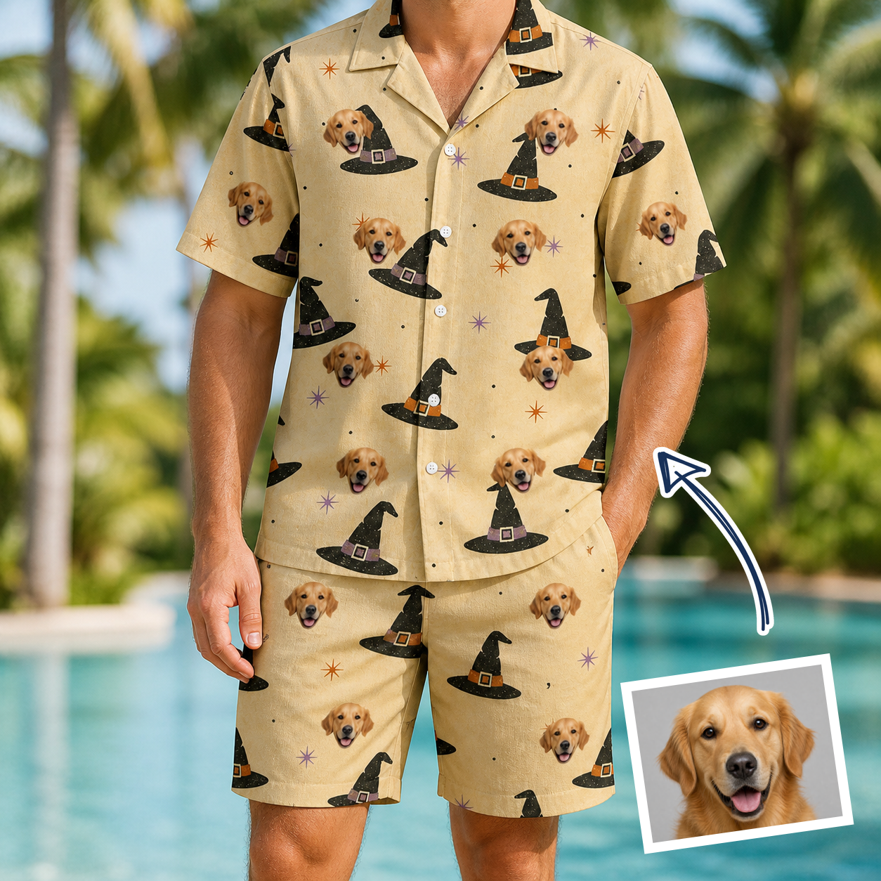 Man wearing Men's Spellbound Spires Custom Dog Face Shirt & Shorts Set — custom faces printed all-over