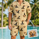 Man wearing Men's Spellbound Spires Custom Dog Face Shirt & Shorts Set — custom faces printed all-over