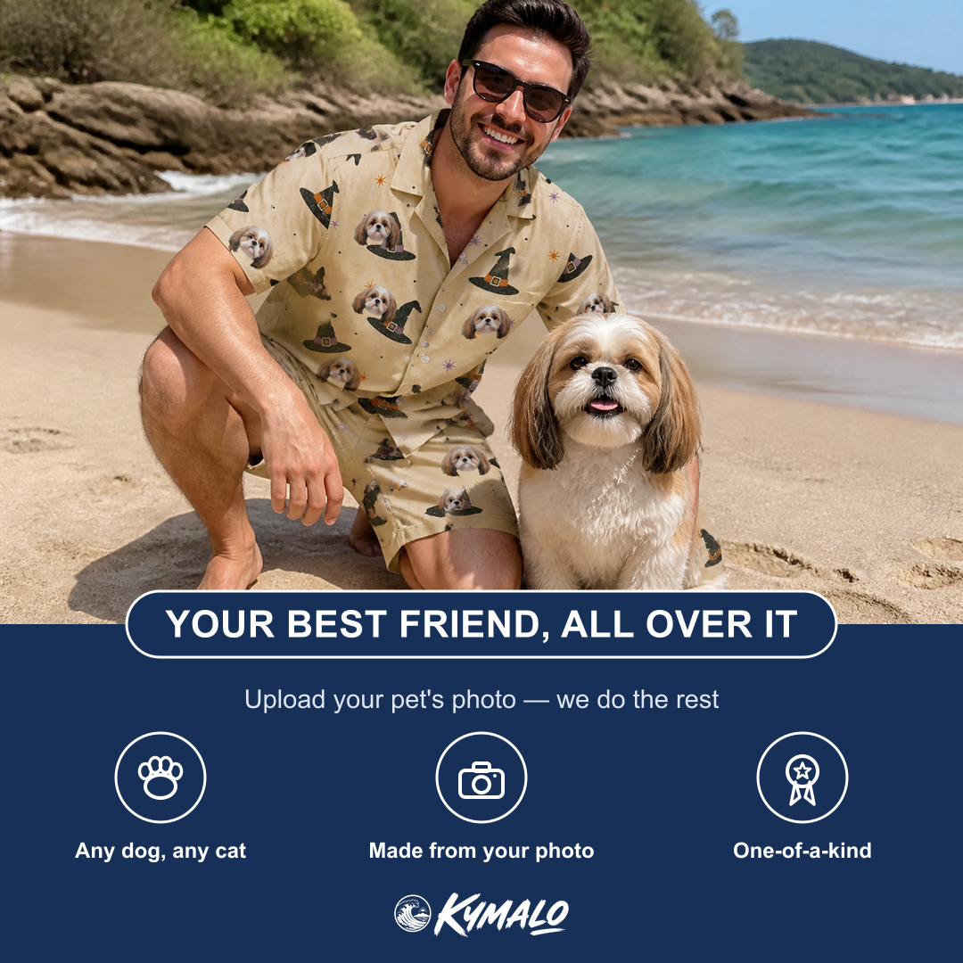 Friends in matching Men's Spellbound Spires Custom Dog Face Shirt & Shorts Set — a group gift photo
