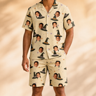 Model wearing Men's Spellbound Spires Custom Face Shirt & Shorts Set printed with kids' faces