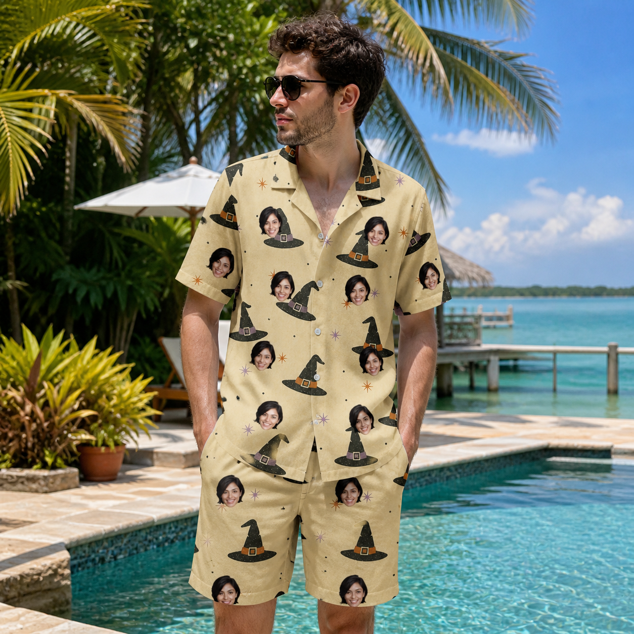 Real-life photo of someone wearing Men's Spellbound Spires Custom Face Shirt & Shorts Set — custom faces printed all-over